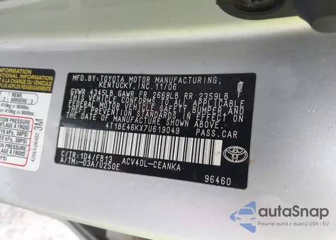 2007 Toyota Camry Le из США, поврежденный, VIN 4T1BE46KX7U619049